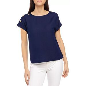 Anne Klein Womens Plus Size Short-Sleeve Button-Detail Blouse 0X Mountain - NWT